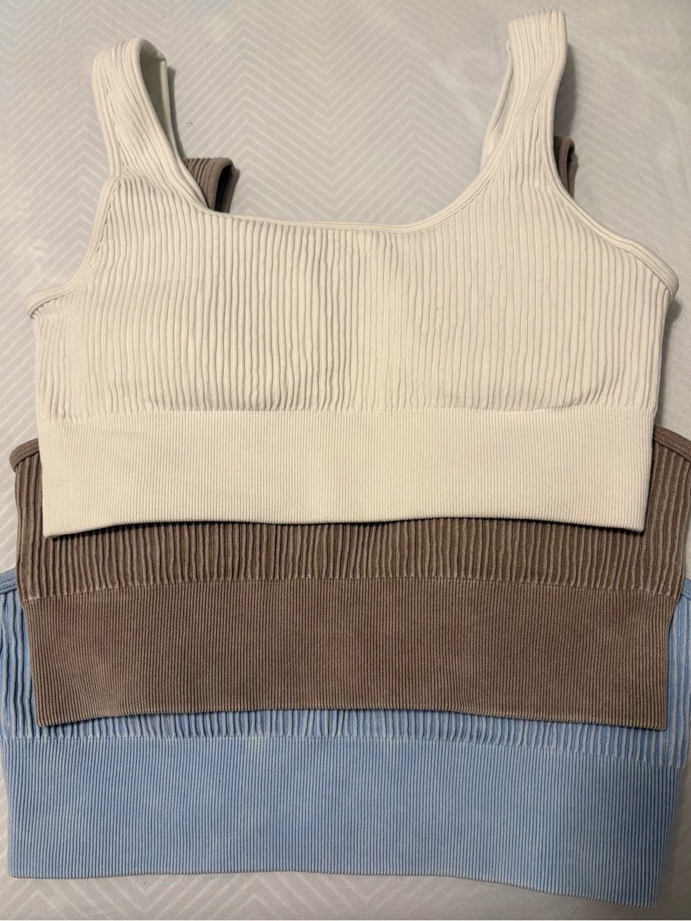 Danskin Ribbed Square-Neck Crop Tank Set - Cream, Brown, Blue